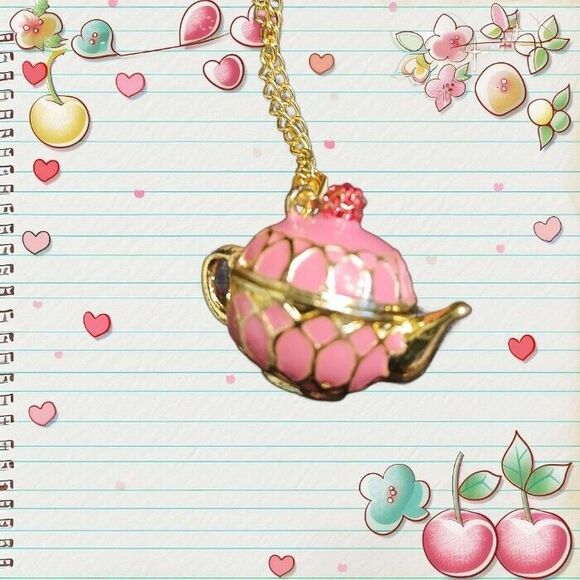 Teapot Locket Opens Pink Enamel Sparkly Cherry Necklace - Picture 1 of 9